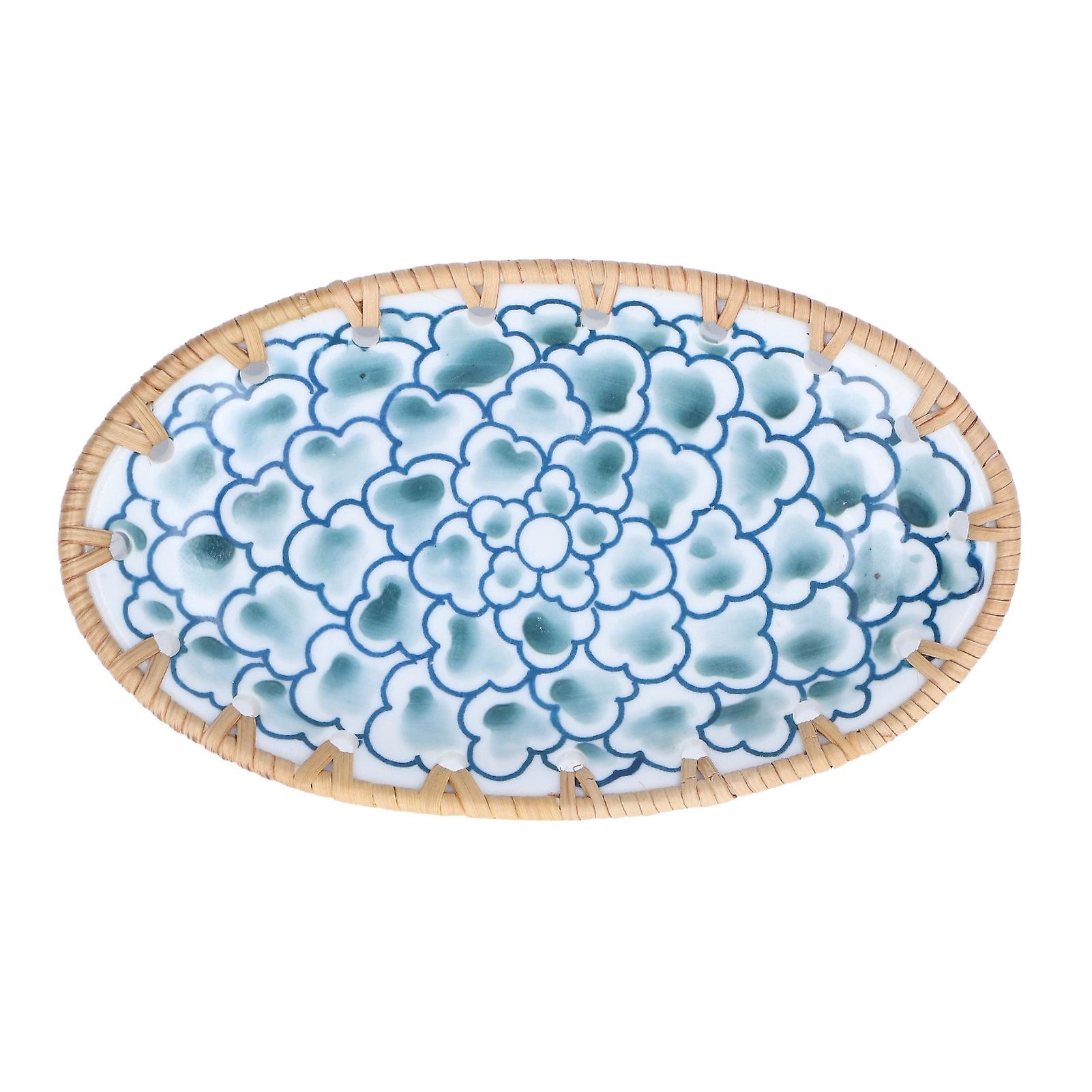 Woven Rattan Ceramic Plate Oval Woven Rattan Porcelain Fruit Plate For Wedding Party Banquet Birthdayink Blue Flowers