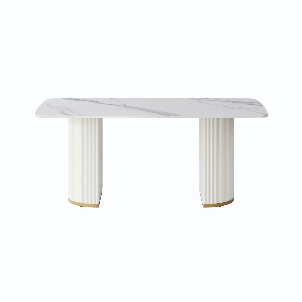 71 '' Modern Dining Table for 8  Rectangular Curved Marbel Tabletop + Beige Double Pedestal   N/A