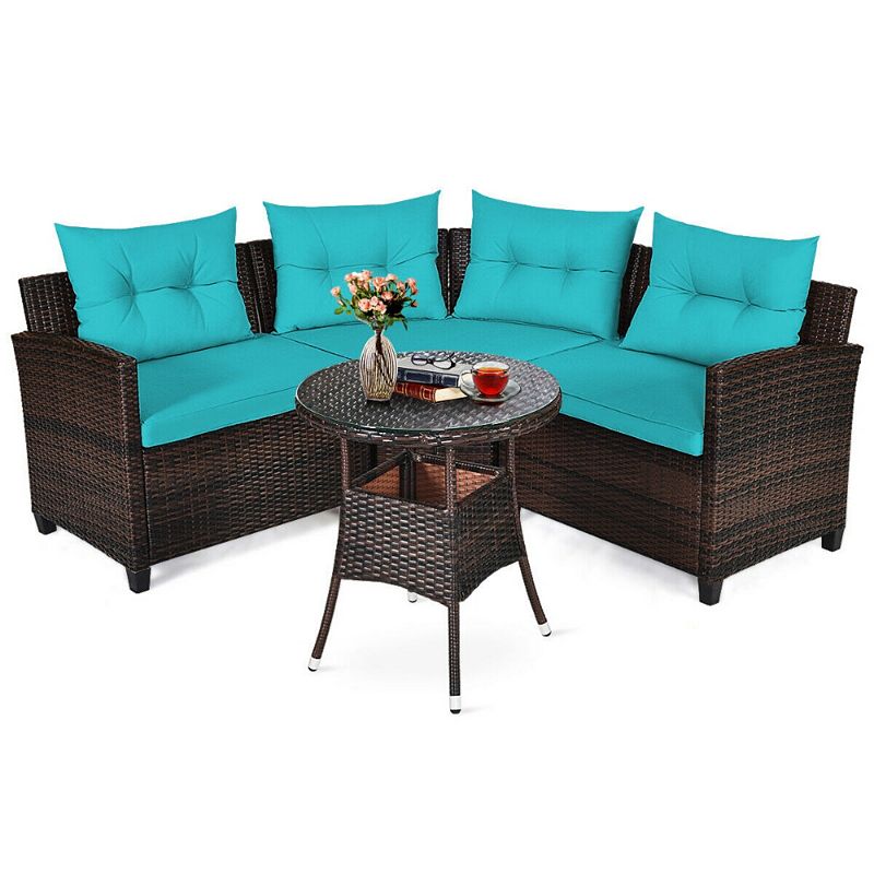 4 Pieces Outdoor Patio Cushioned Rattan Furniture Set