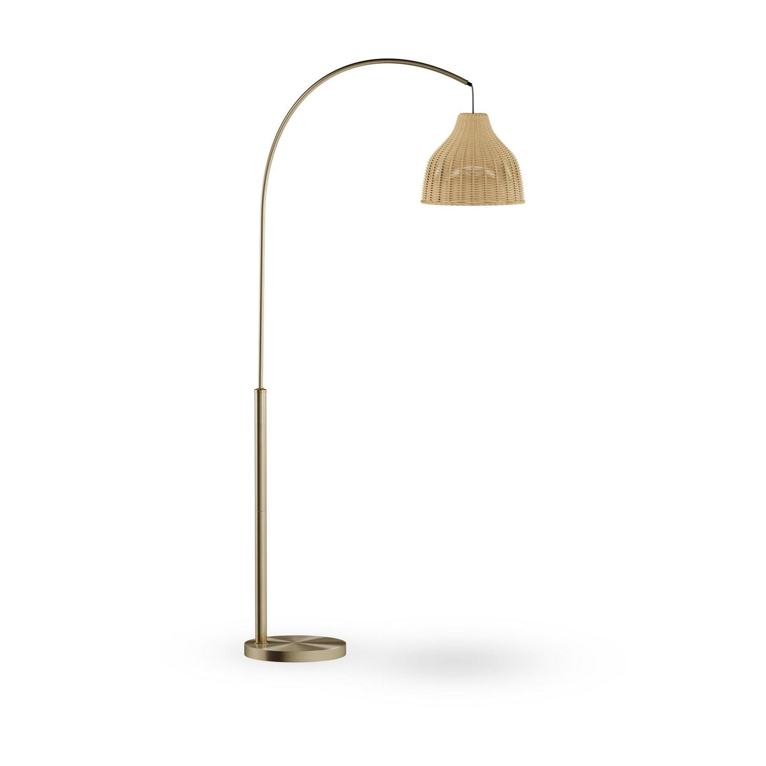 Arch Floor Lamp with Rattan Shade by Drew Barrymore Flower Home， Antique Brass