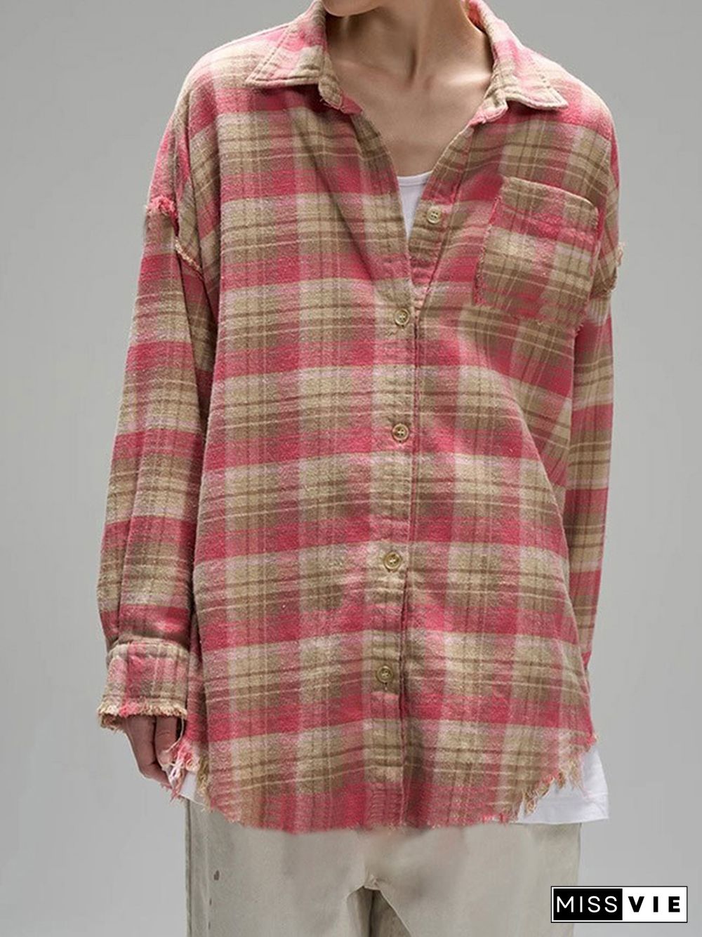 Vintage Plaid Tassel Raw Edge Design Long Sleeve Blouse