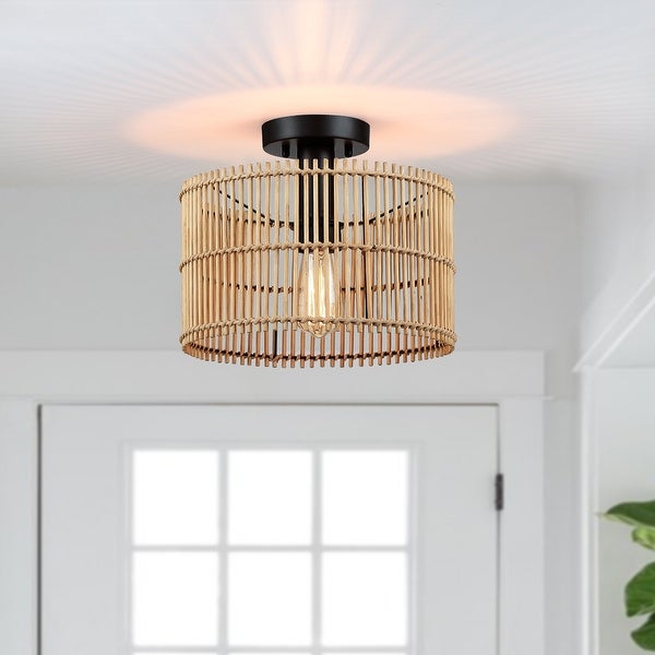 True Fine Eclectic Natural Rattan and Bamboo Semi Flush Mount Ceiling Light with Black Hardware - 11.8W