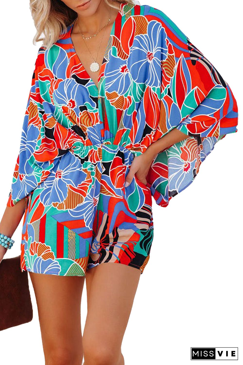 Multicolor Floral Print V Neck Kimono Sleeve Romper