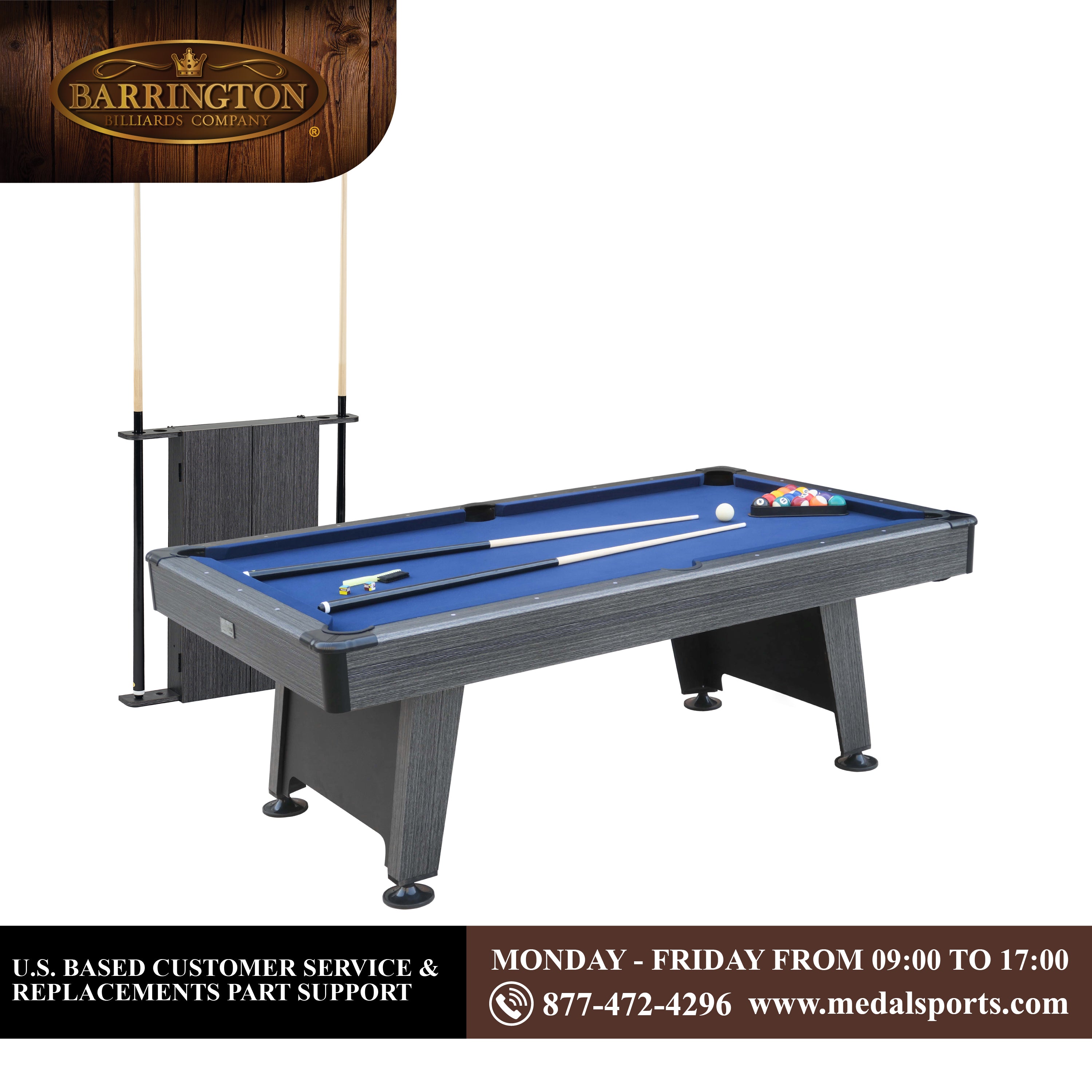 Barrington Billiard 7' Pool Table with Hanging Cue Rack, Indoor Game, Black/Blue