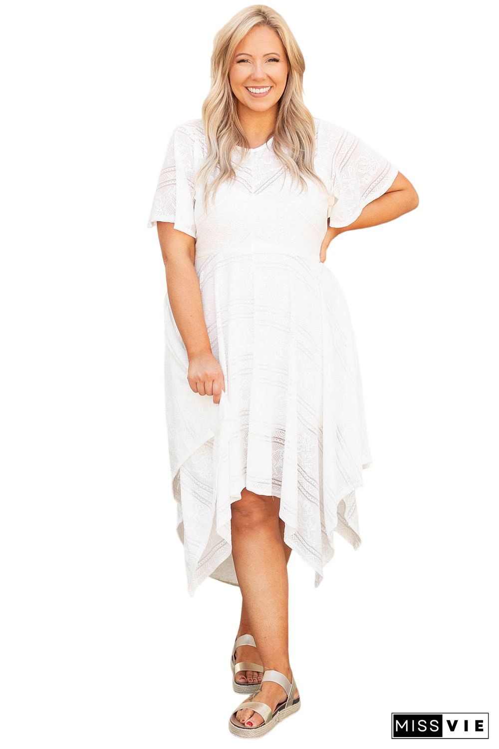 White Plus Size Lace Striped Texture Handkerchief Hem Dress