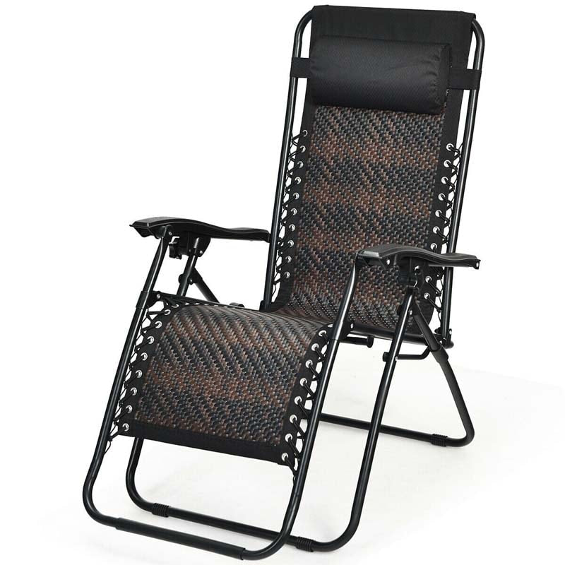 Rattan Folding Zero Gravity Lounge Chair Outdoor with Removable Pillow, Locking System, Adjustable Portable Patio Armchair