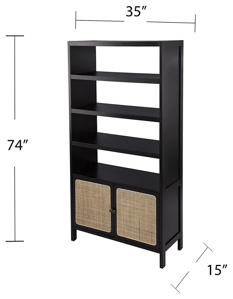 Multifunctional Bookcase  4 Open Shelves and Cabinet With Rattan Doors  Black   Contemporary   Bookcases   by Decorn  Houzz