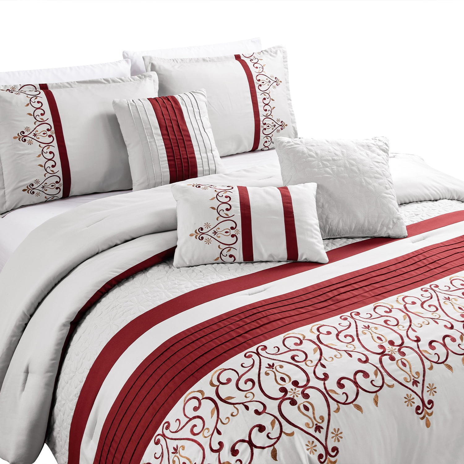 HAOK 7 Piece Comforter Set Bed in A Bag， Embroidery Design， Queen， Burgundy/Grey