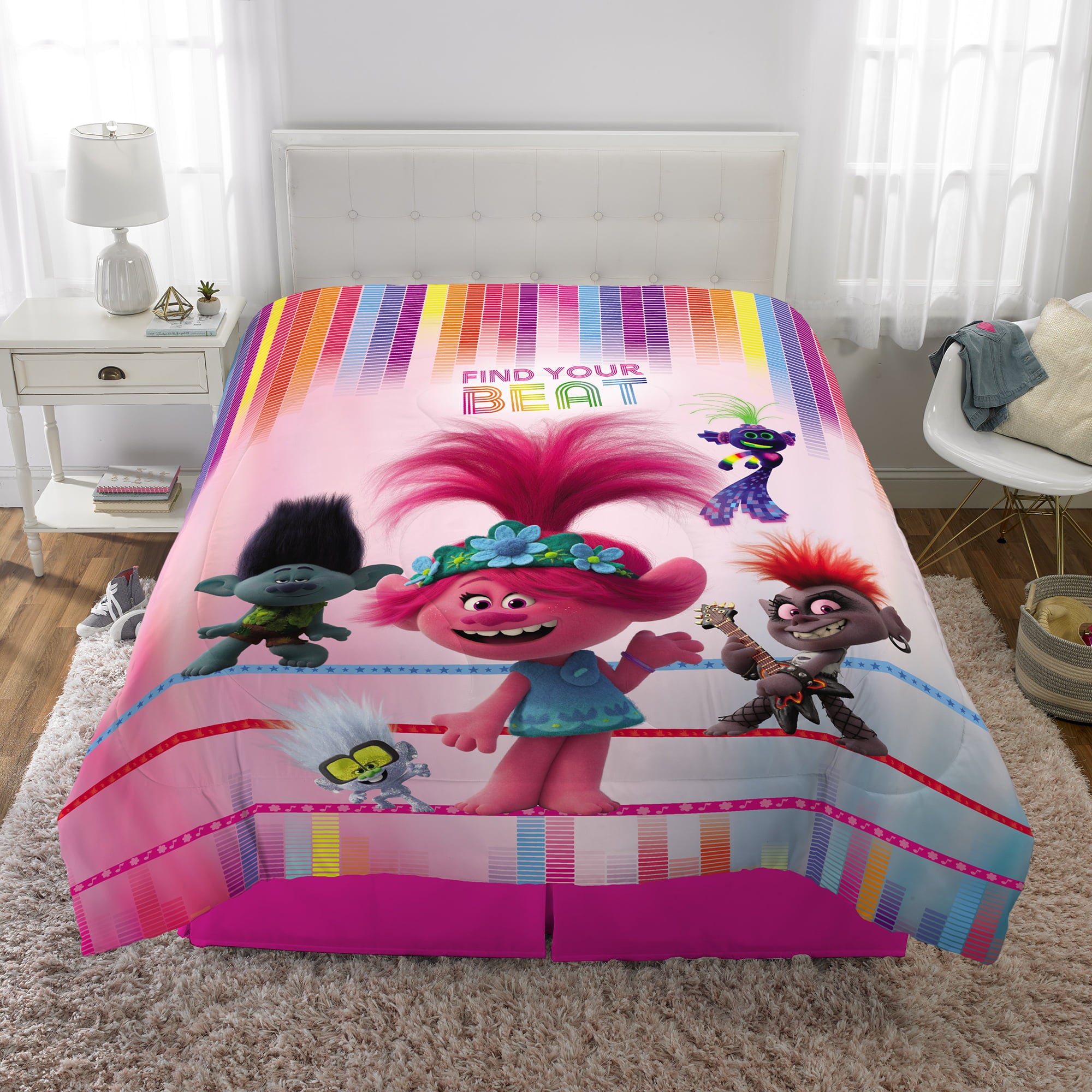 Trolls 2 Kids Comforter and Sham， 2-Piece Set， Twin/Full， Reversible， Pink， DreamWorks