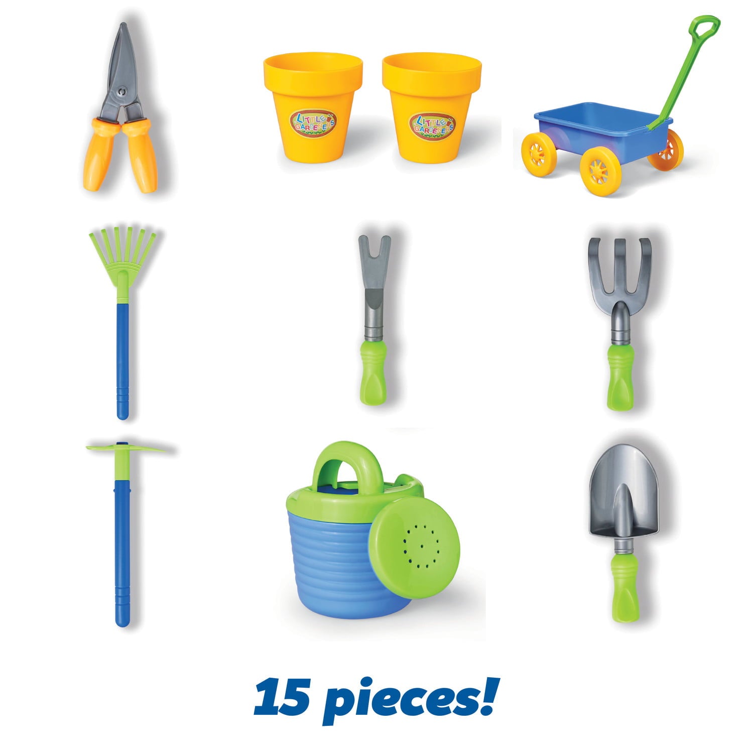 Kidoozie My First Gardening Set， Kids Gardening Tools， 15 piece set， Includes Wagon， Watering Can， Pots， and More， For Kids Ages 2 Years and Up