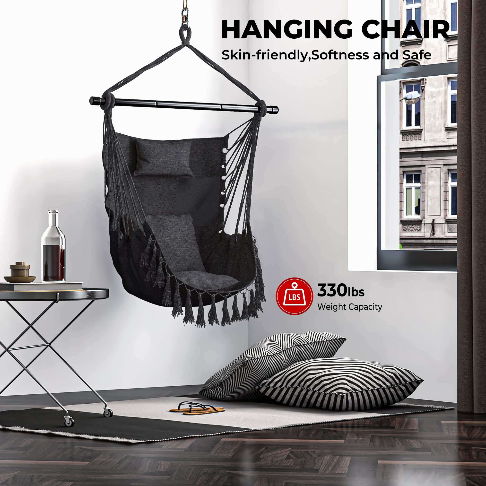 Hanging Chair Hammock Swing Chair - with Sturdy Steel Hanging Bar