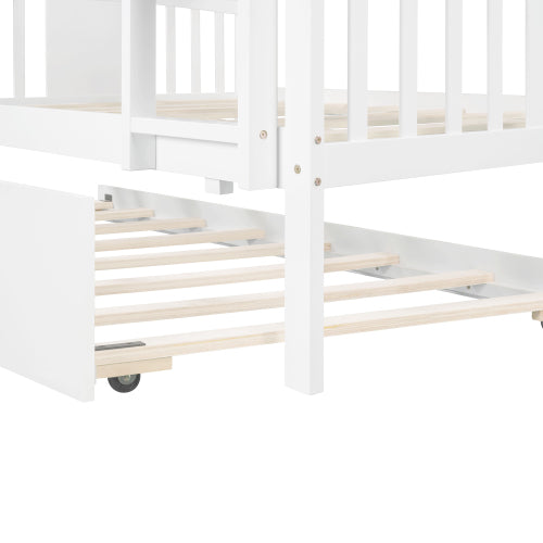 Full Over Full Bunk Bed with Twin Trundle Wood Bunk Bed Frame with Guard Rails and Ladder for Kids Boys Girls Teens Adults, Can be Convertible to 2 Beds,White