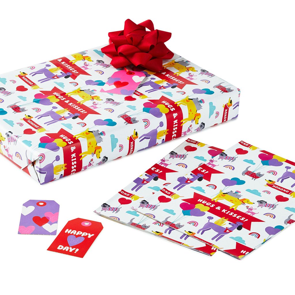 Hallmark  Hugs & Kisses Pets Flat Wrapping Paper With Gift Tags, 3 sheets