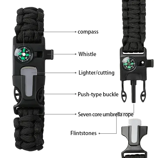 Outdoor Hiking Camping Survival Compass Bracelet Paracord Tactical Gear 550 Paracord Bracelet Buckles