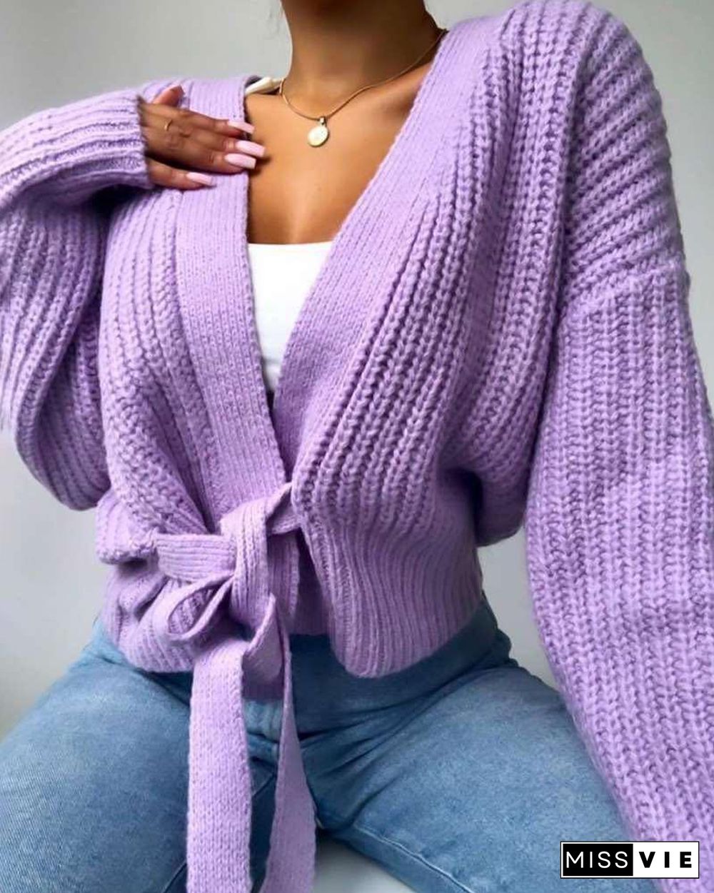 Tie Front Long Sleeve Casual Knit Cardigan