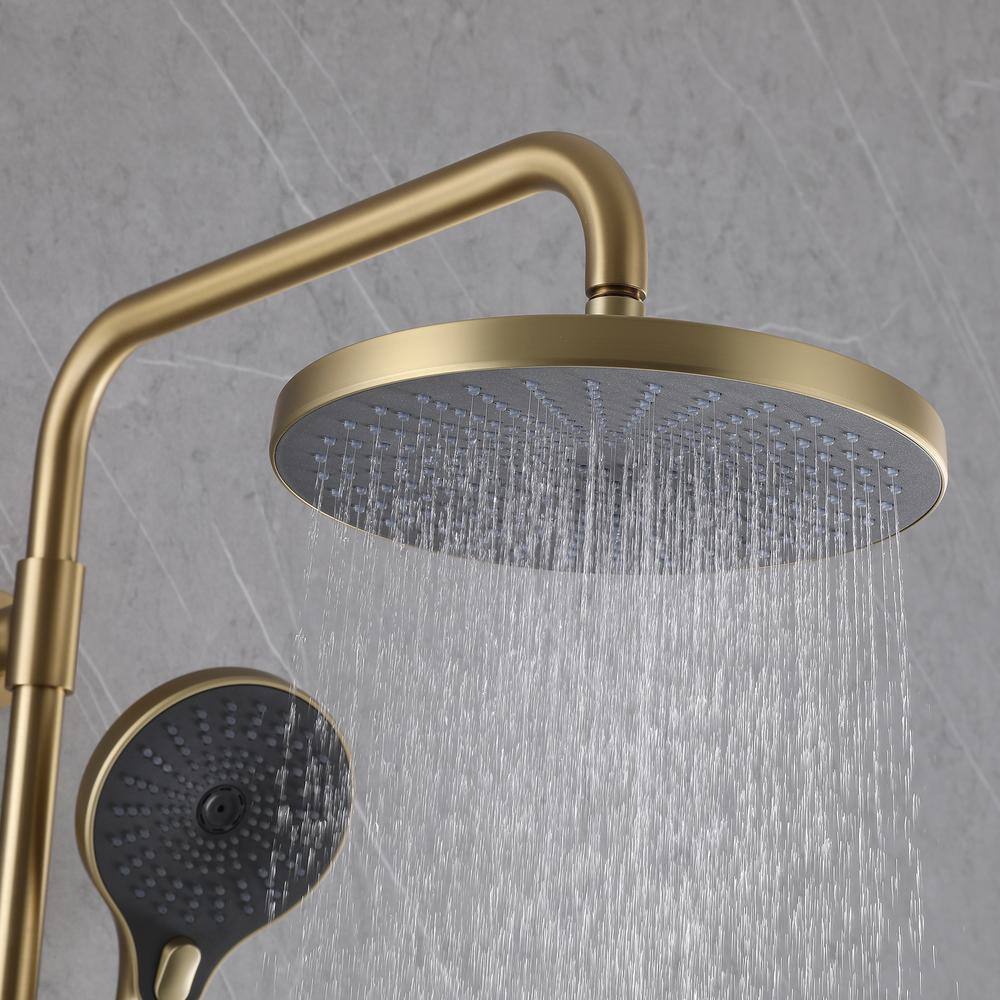 Tomfaucet 2-Spray Patterns 10 in. Wall Mount Dual Shower Heads with 3-Setting Hand Shower System in Brushed Gold TFK0113BG