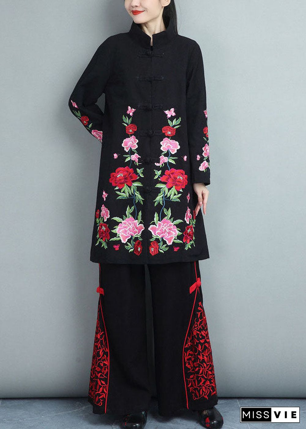 Black Cotton Coats Embroideried Oriental Button Fall