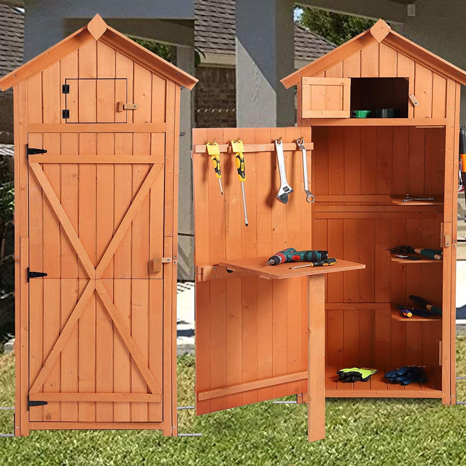 LVUYOYO Outdoor Storage Shed - Waterproof Garden Storage Cabinet with Lockable Doors - Utility Tool Storage Organizer for Backyard, Patio, Garden Deck