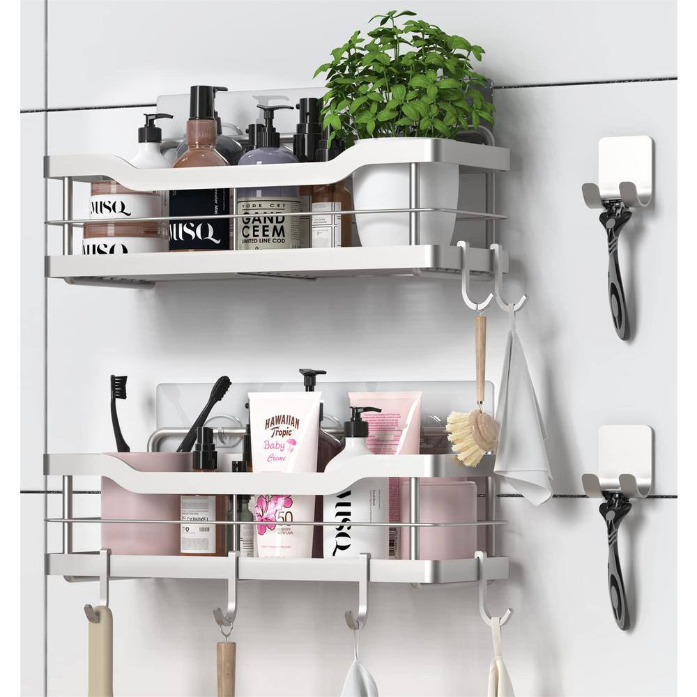 Cubilan Wall Mount Shower Caddy Bathroom Shelf with 8 Hooks in Silver(2-Pack) HD-NLB