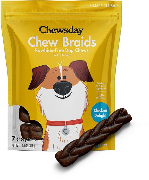 Chewsday Chicken Delight Chew Braids Rawhide-Free Dog Hard Chews， 7 count， Original