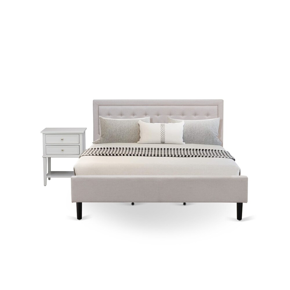 Platform King Size Bedroom Set with 1 Mid Century Bed and Night Stands   Mist Beige Linen Fabric