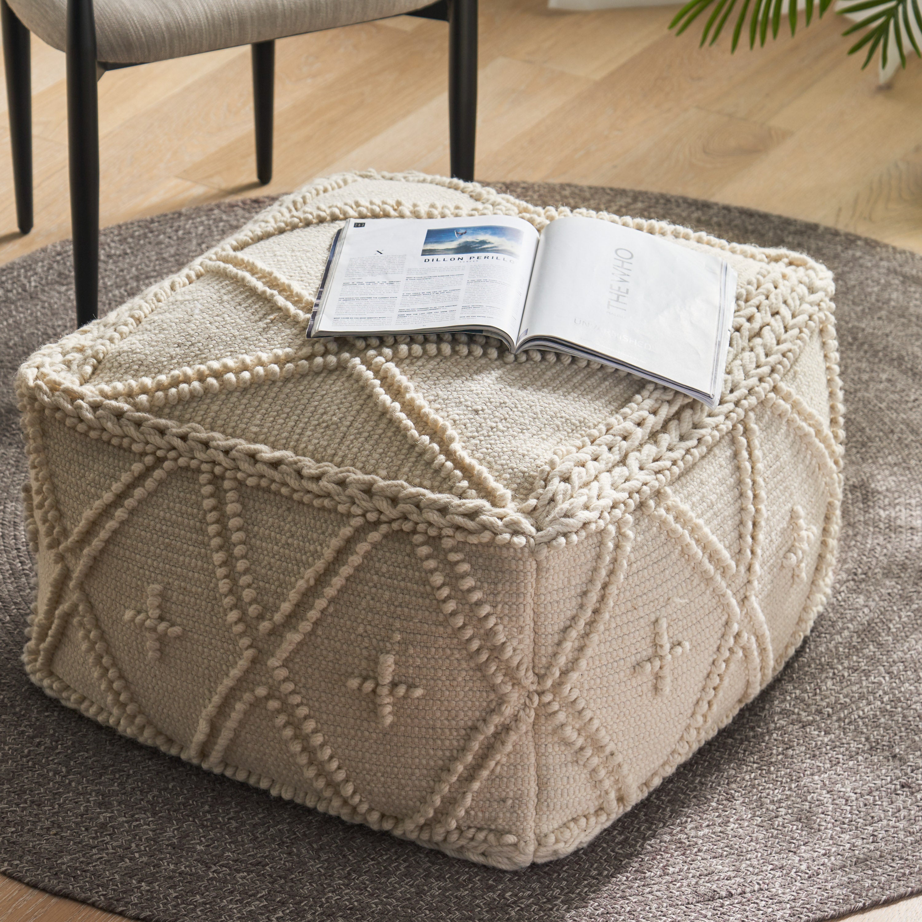 Nina Large Square Casual Pouf, Boho, White Wool and Cotton