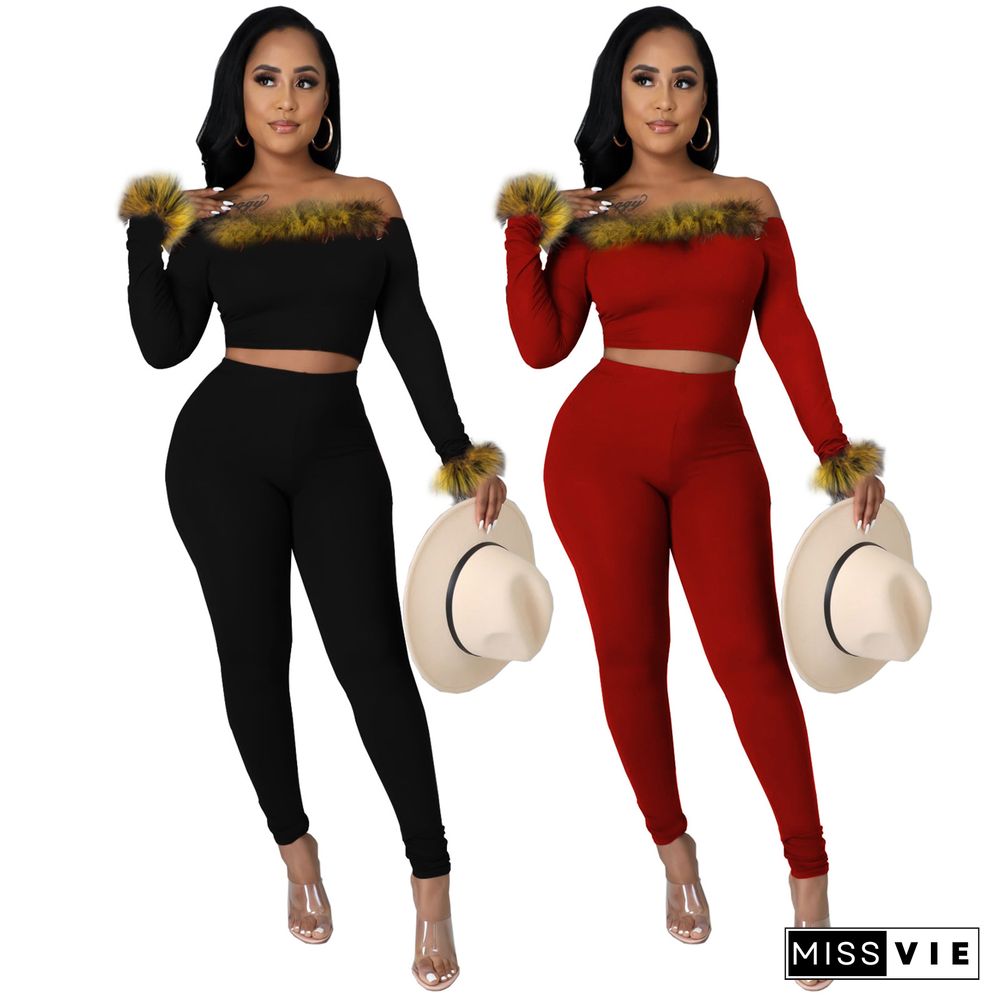 Furry Patchwork Off Shoulder Crop Top Pants Set