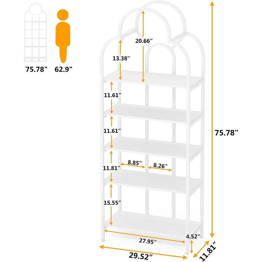 5 Tier White Bookshelf  Tall Bookcase with 5 Display Shelves for Living Room