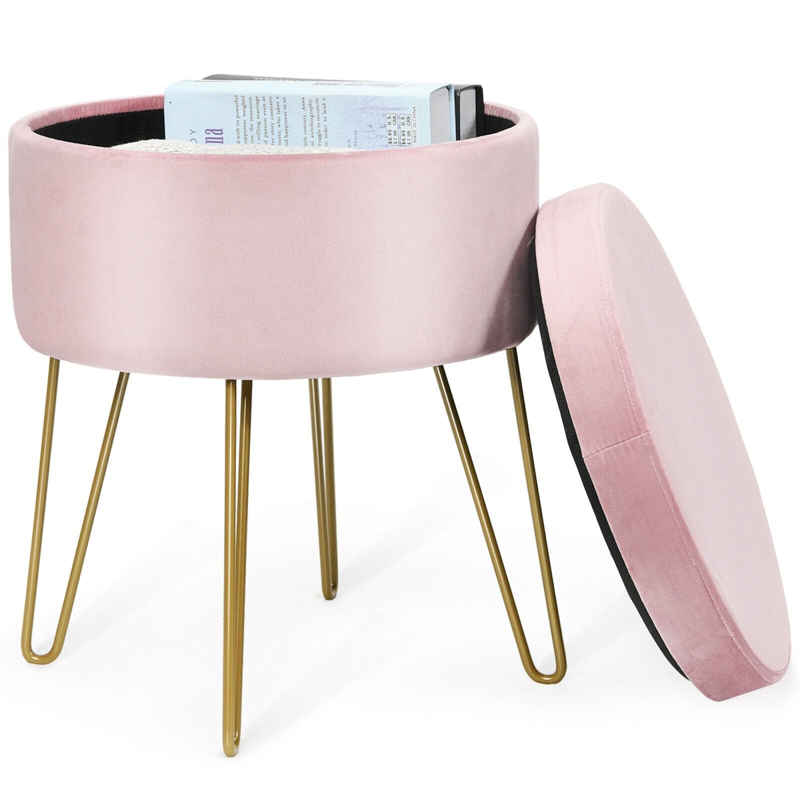 Velvet Footrest Stool Round with Storage Function