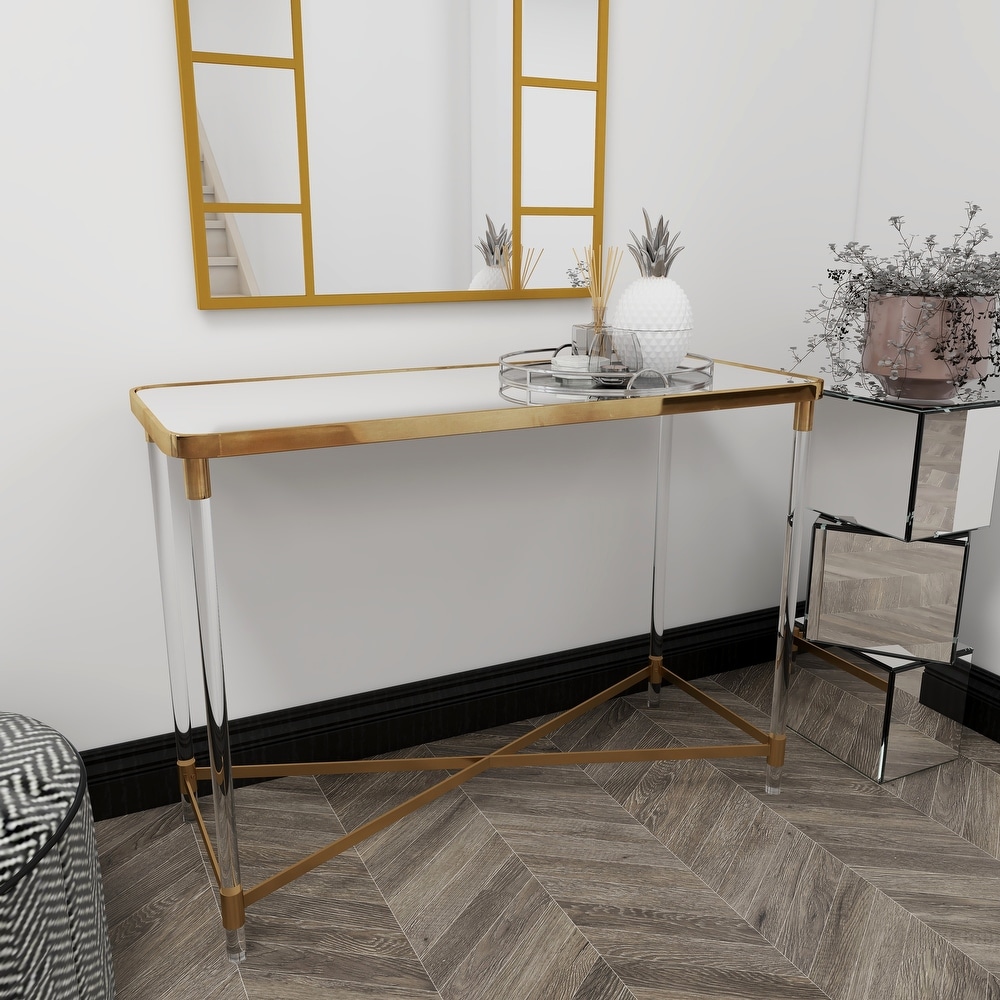 Gold Metal Contemporary Console Table with Mirrored Top and Acrylic Legs