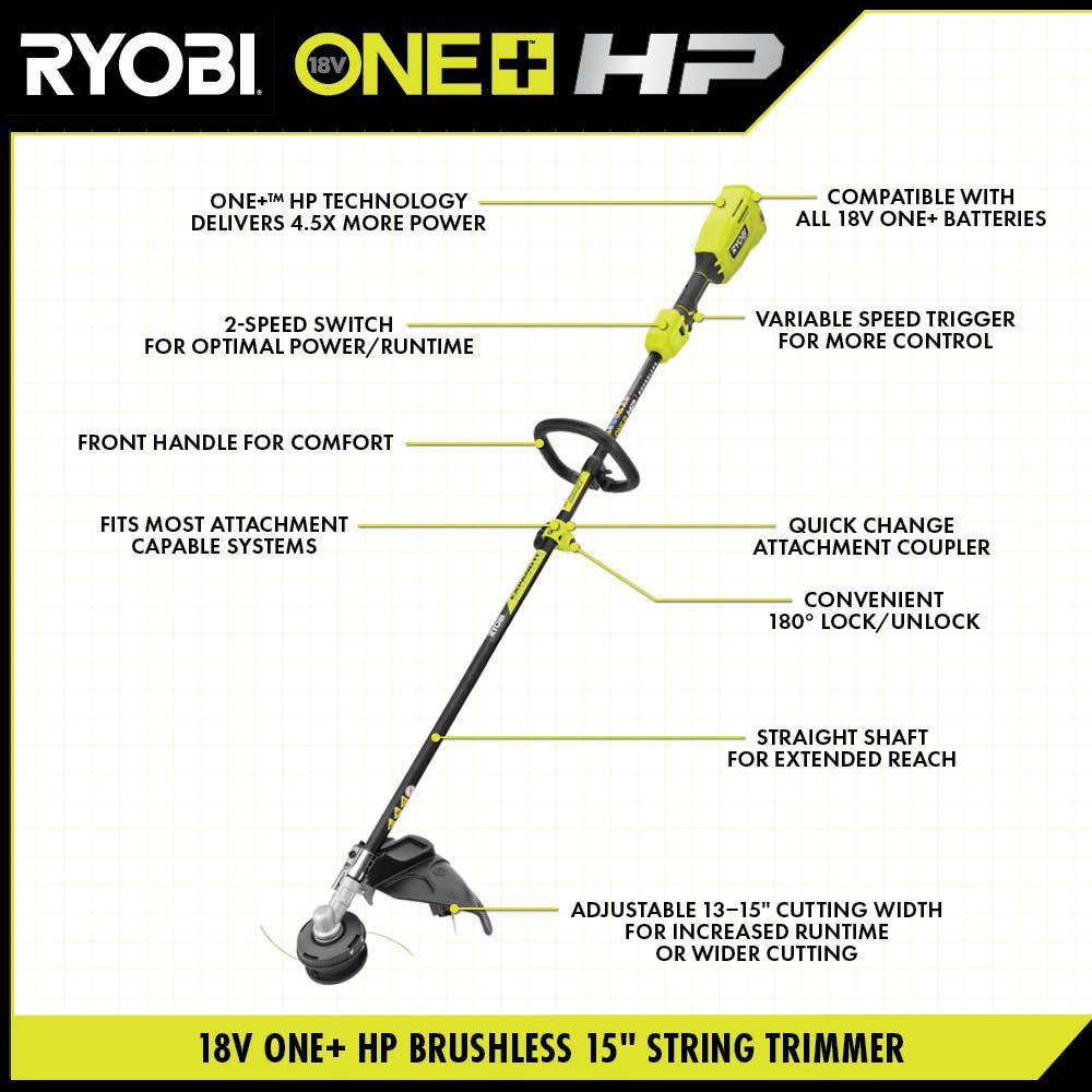 RYOBI ONE+ HP 18V Brushless Attachment Capable String Trimmer w Extra 5-Pack Pre-Cut Spiral Line 6.0Ah Battery  Charger P20220-AC