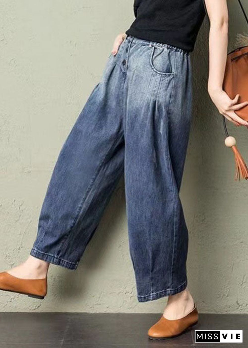 Classy Blue Pockets Loose Harem Fall Denim Pants