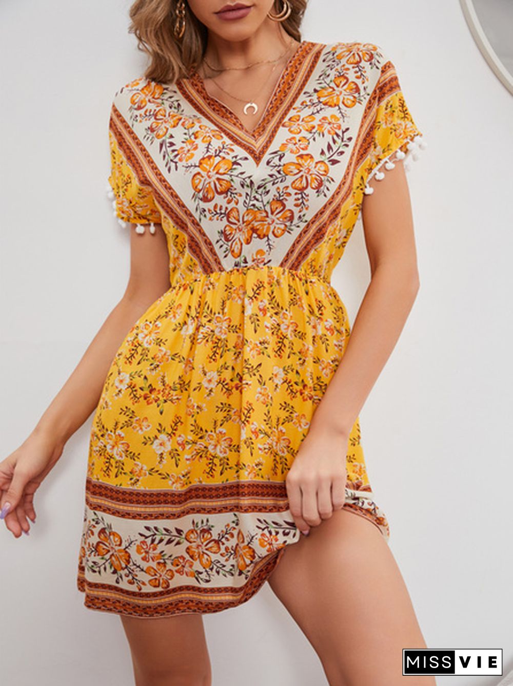 Boho Print Elastic Waist Dress with Pompom Decor