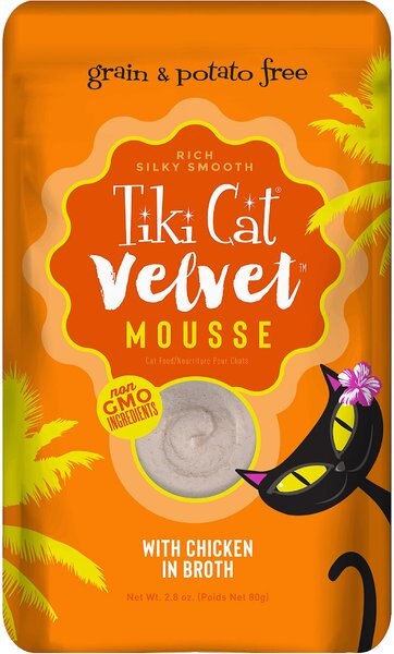 Tiki Cat Velvet Mousse Chicken Grain-Free Wet Cat Food， 2.8-oz pouch， case of 12