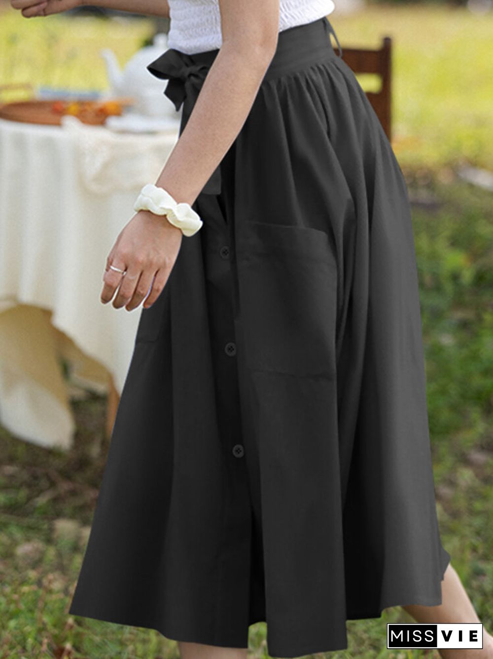 Solid Color Button Pocket Knotted Long Casual Skirt for Women