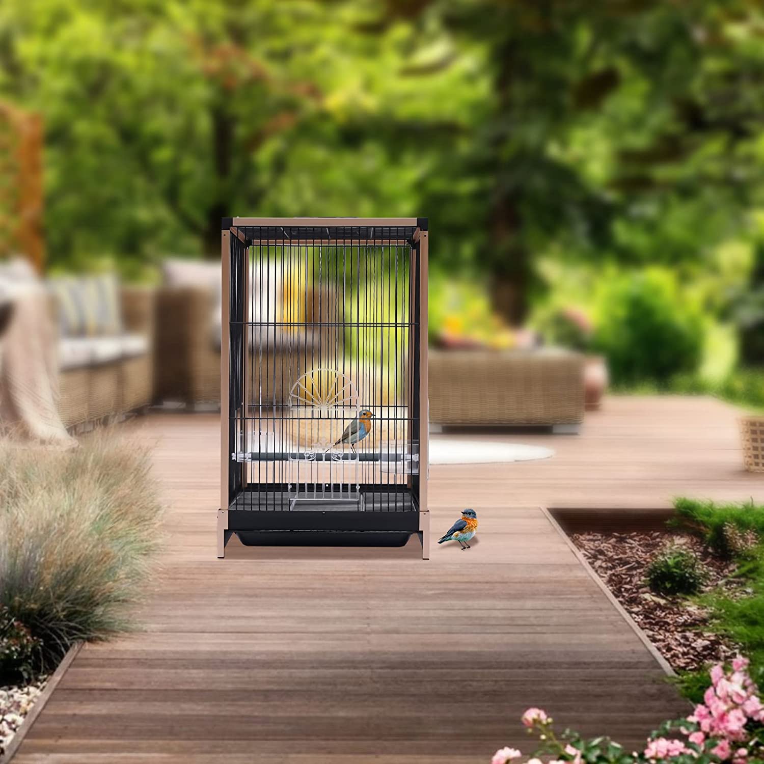 Miumaeov Flat Top Bird Travel Cage， Black， Gold Parrot Carrier Cage With Feeding Cup (aluminum Alloy Frame)， Carrier Travel Cage For Mid-sized Or Small Birds， 13.2*12.4*21inch