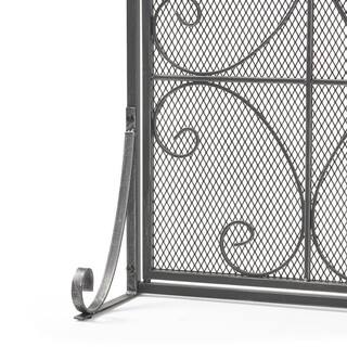 Noble House Pendleton Modern Black and Silver Three Panel Iron Fire Screen with Door 67406