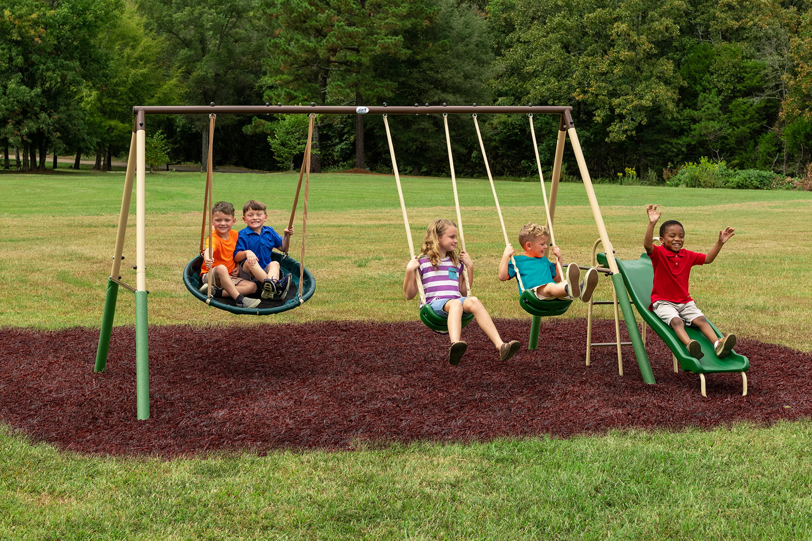 XDP Recreation Super Disc Swing™ Set with Steel Constructed Frame， Swings， and Slide