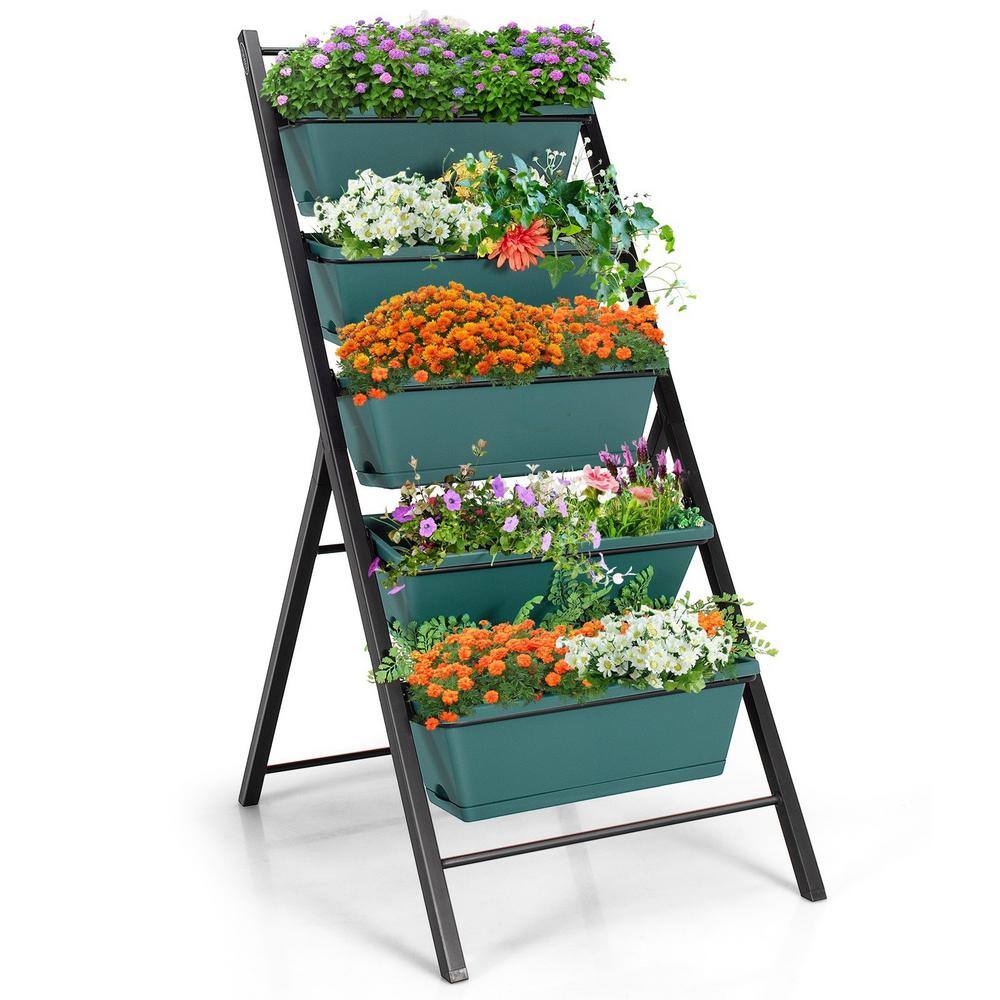 TIRAMISUBEST 5-Tier Vertical Green Iron Frame Garden Planter Box Elevated Raised Bed with 5 Container D0XY102HH6586