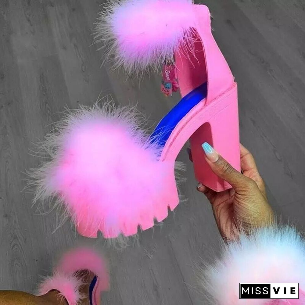 Back To School Outfit  Woman Furry Sandals High Heels With Fur Female Platform Pumps Women Ankle Strap Women'S Wedge Shoes Summer