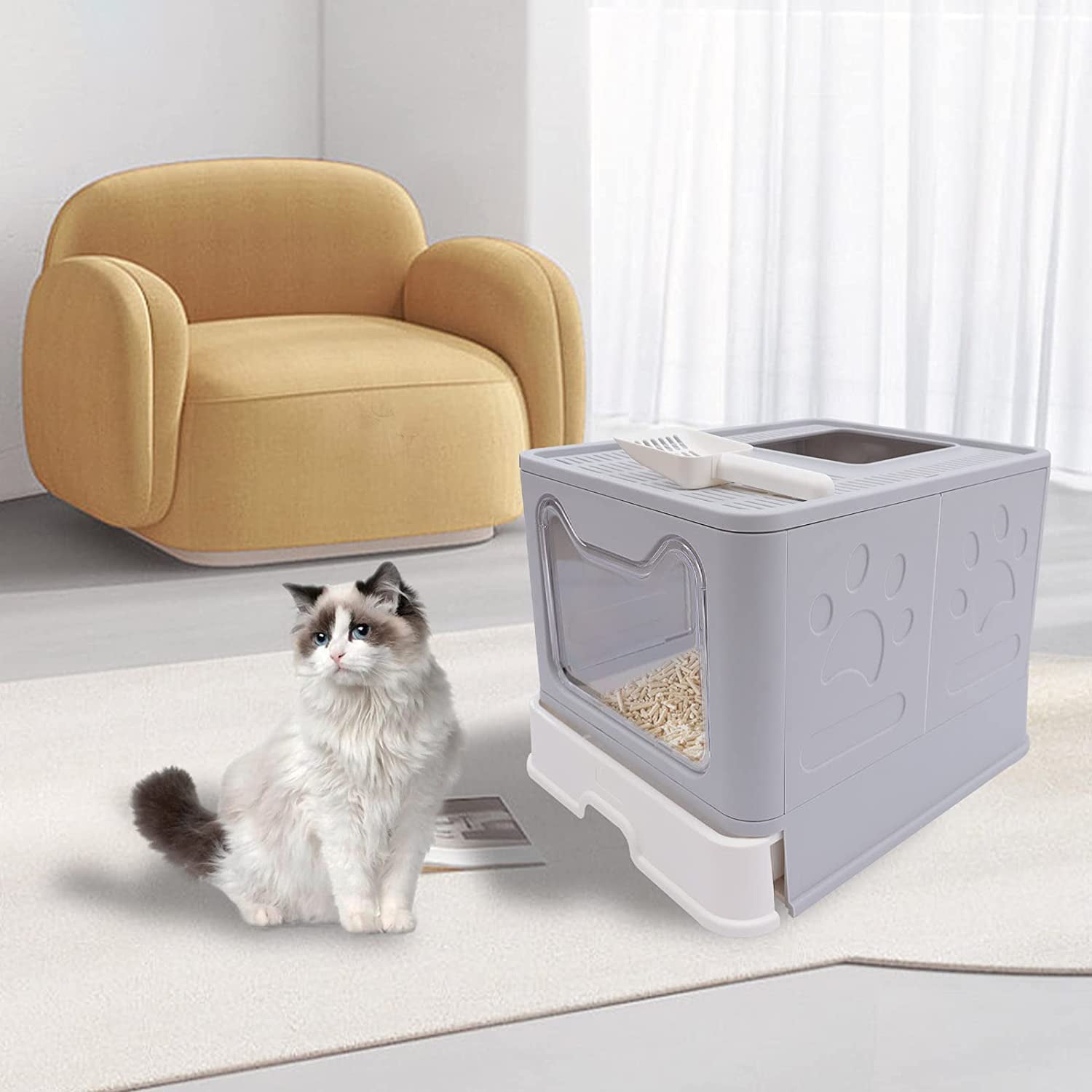 Hooded Cat Litter Box Self Cleaning Kitty Litter Case Clear Door w/ Litter Scoop