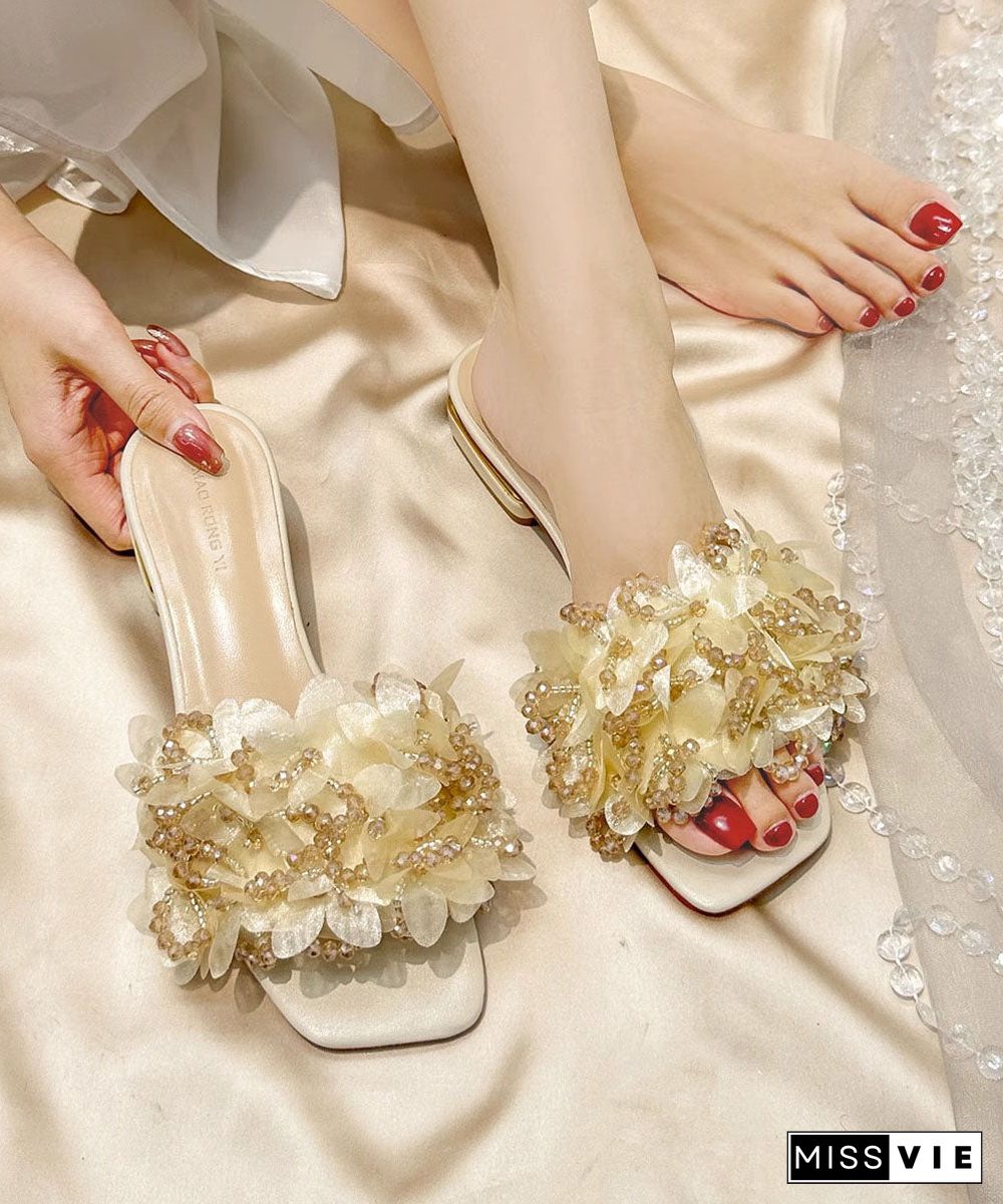 Apricot Crystal Floral Comfortable Splicing Slide Sandals