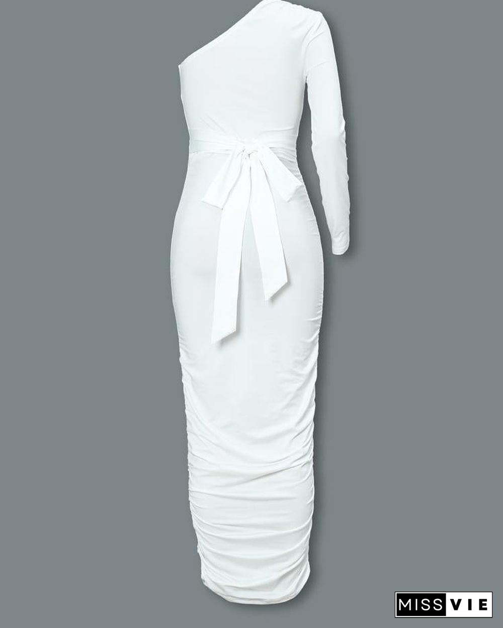 One Shoulder Ruched Design Bodycon Dress White Dresses