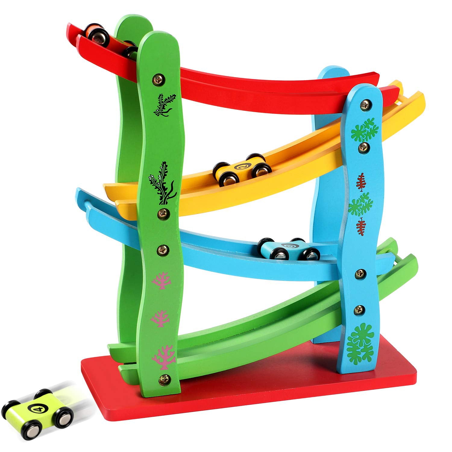 Lewo Wooden Ramp Racer Toddler Toys Race Track Car Games for Kids Boys Girls Gifts with 4 Small Racers