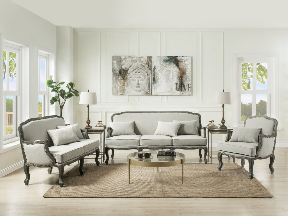 ACME Tania Loveseat w/2 Pillows in Cream Linen  ampBrown Finish   French Country   Loveseats   by Homesquare  Houzz