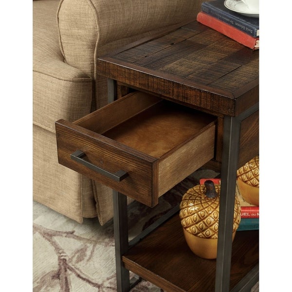 Rectangular Wood and Metal Side Table with USB Outlet， Brown and Gray - 24 H x 20 W x 12 L Inches