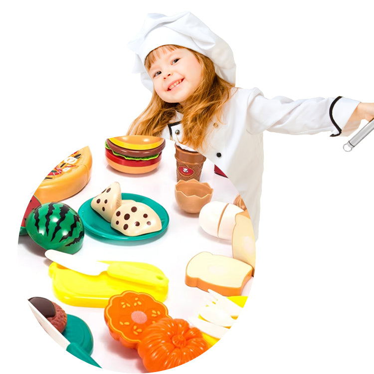 Cutting Food Play Set toys with basket, for Kids Pretend Kitchen Toys Cutting Fruits Vegetables, Pizza, Hamburger 26 Pieces and accessories for +3 Years Girls and Boys.