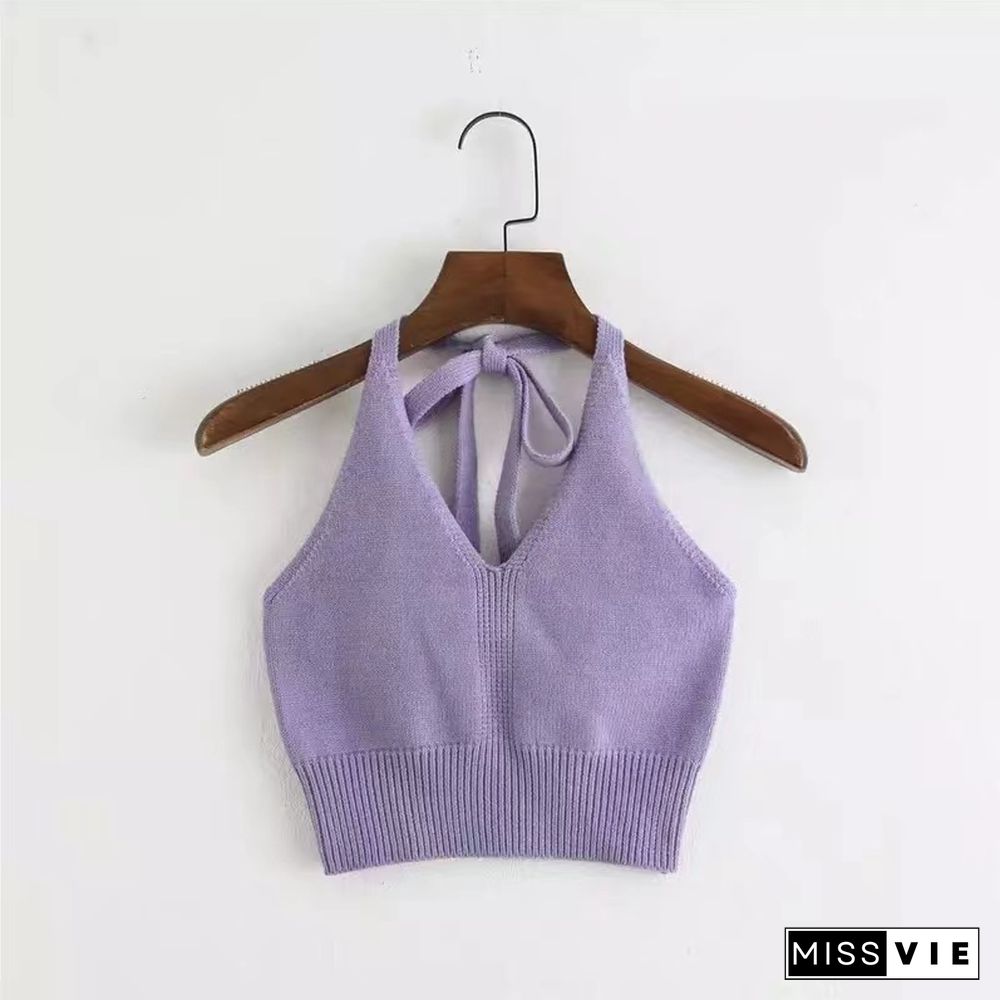 Summer Autumn Women Sexy Camisole Top Solid Knitting Halter Tank Tops Fashion V Neck Short Style Tops Black White Purple