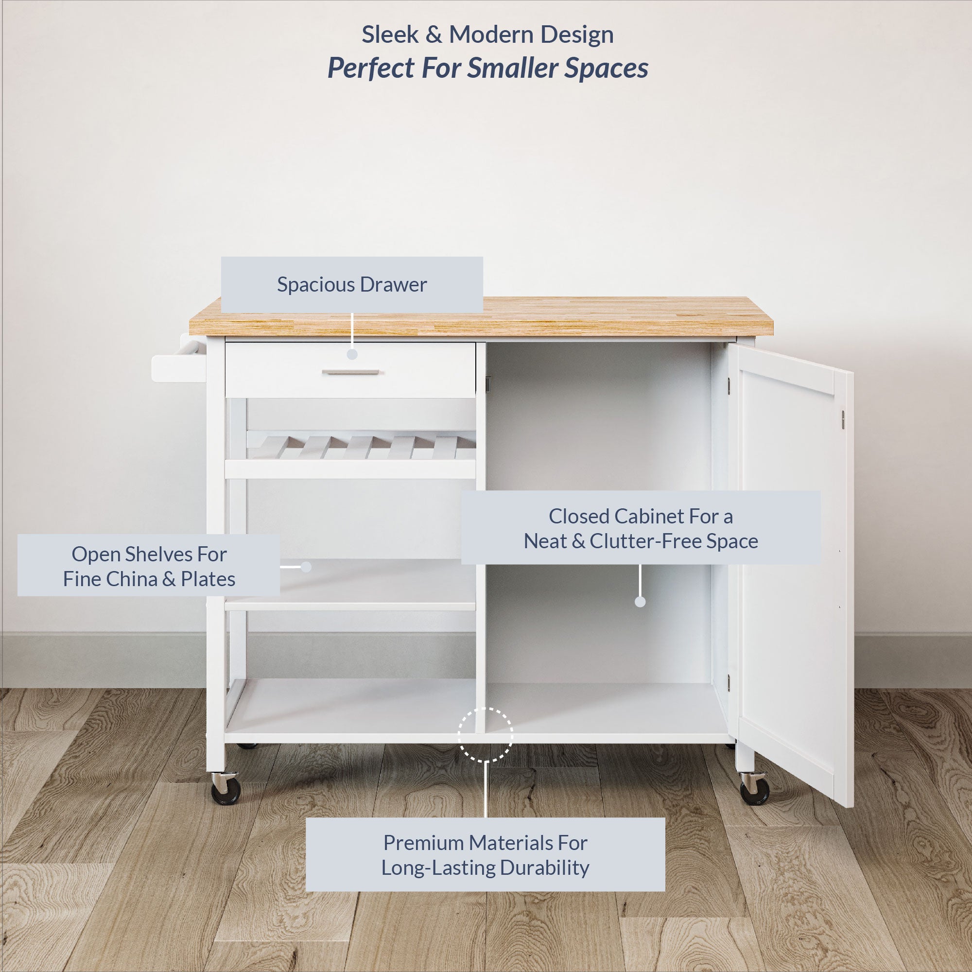 BELLEZE Rolling Kitchen Island Utility Cart with a Drawer- Sonoma (White)