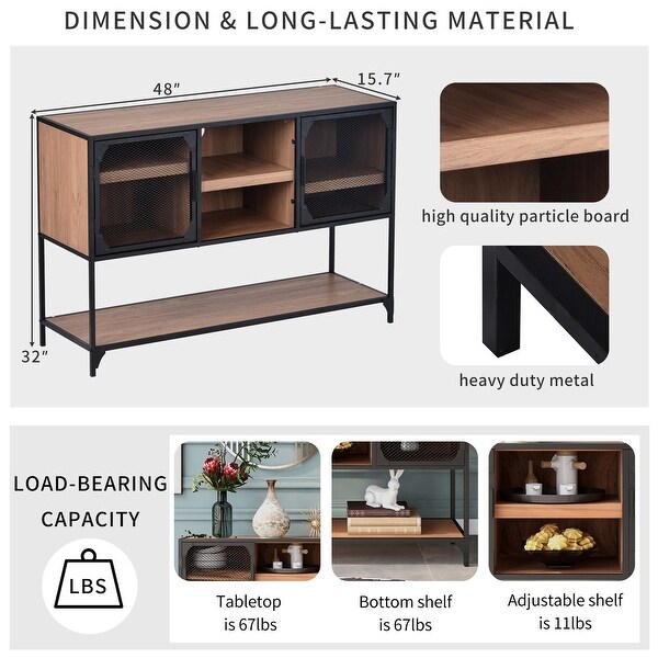 48 in. Barnwood Rectangle Wood Console Table with Metal Grid Door and 3 Thicken Shelves